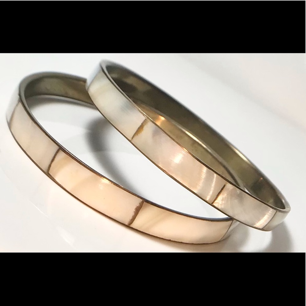 Set of 2 eight inch brass & mother of Pearl MOP bangle bracelets